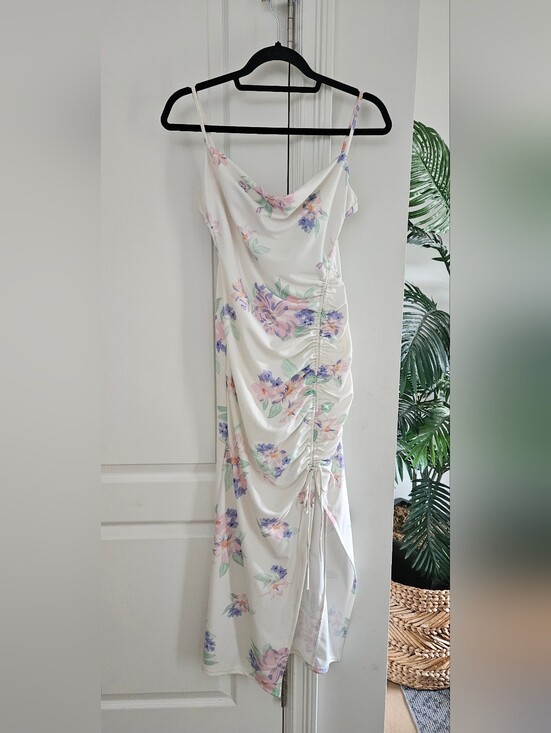 Zara Dresses & Skirts - Zara White Floral Ruched Slip Midi Dress